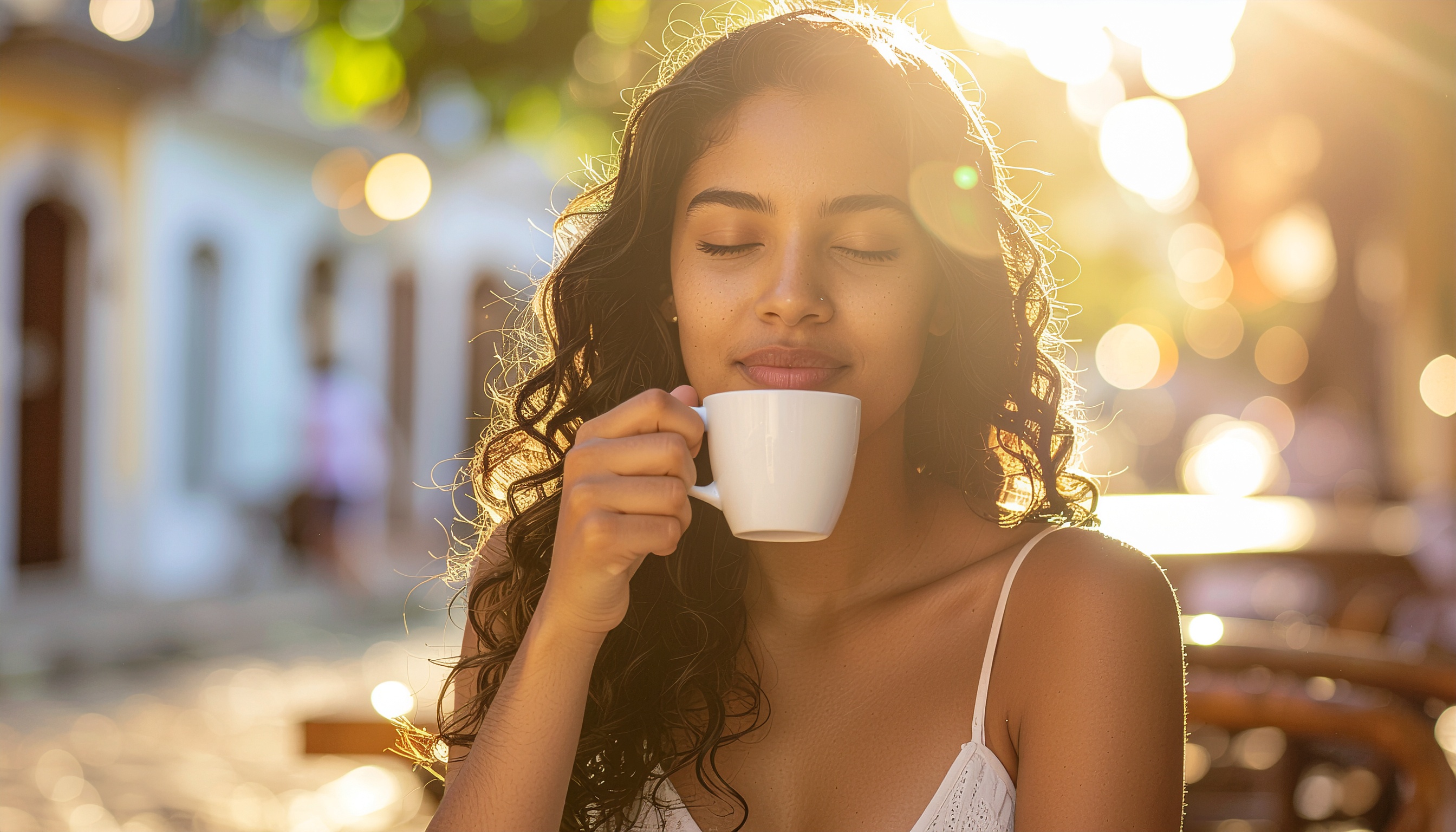 Uma mulher desfruta de uma xícara de café em um ambiente ao ar livre sob a luz suave do sol, transmitindo tranquilidade e satisfação em uma manhã calma.